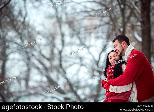 beautiful young couple posing in a snowy park