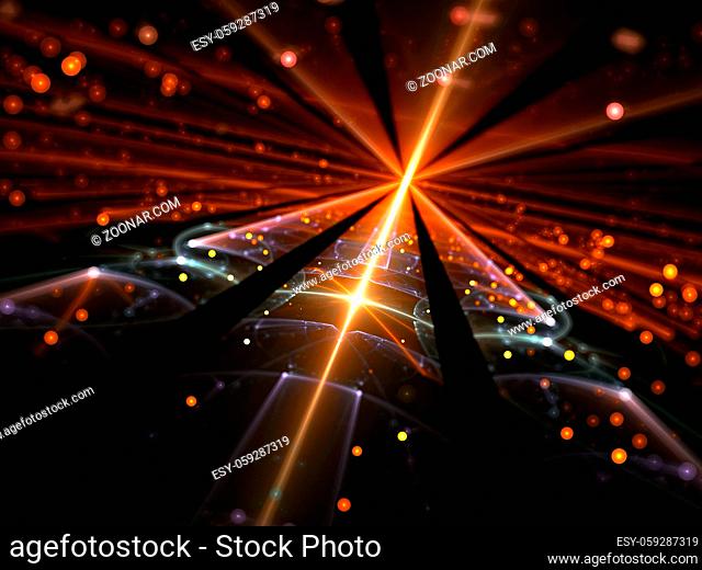 Blurred technology background - abstract computer-generated image. Shiny glass surface with glowing lines and bright bubbles bokeh