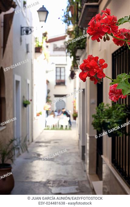 Narrow old town street of Badajoz with flowers and terrace at the bottom decorated as Al-andalus style