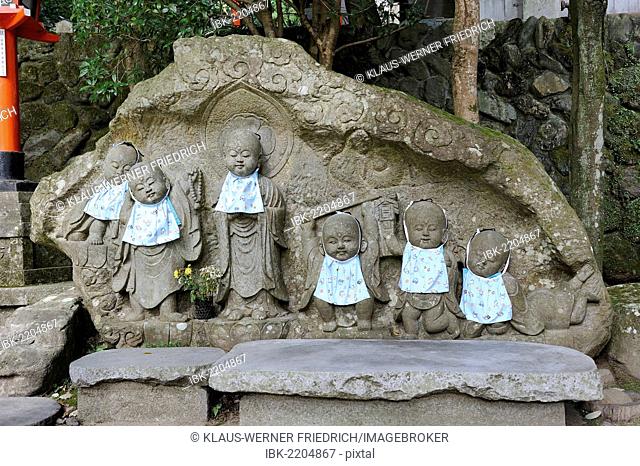 Jizo statues for stillborn children and miscarriages at the Kurama-dera or Kurama Temple, Kurama near Kyoto, Japan, East Asia, Asia