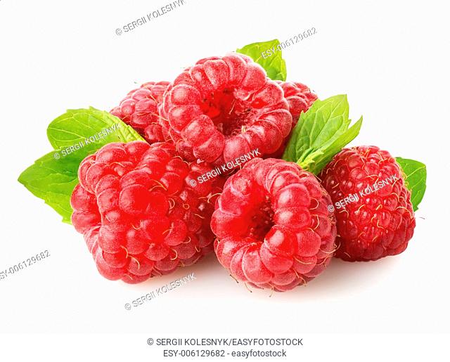 Raspberry with green leaf isolated on white