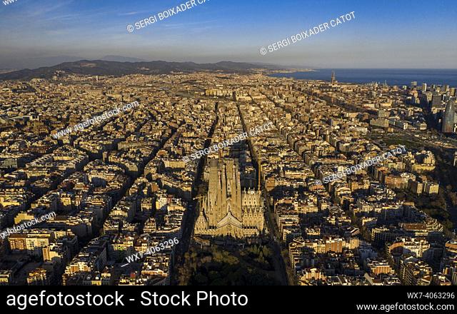 Aerial view of La Sagrada Família and Eixample octogonal grid. (Barcelona, Catalonia, Spain)