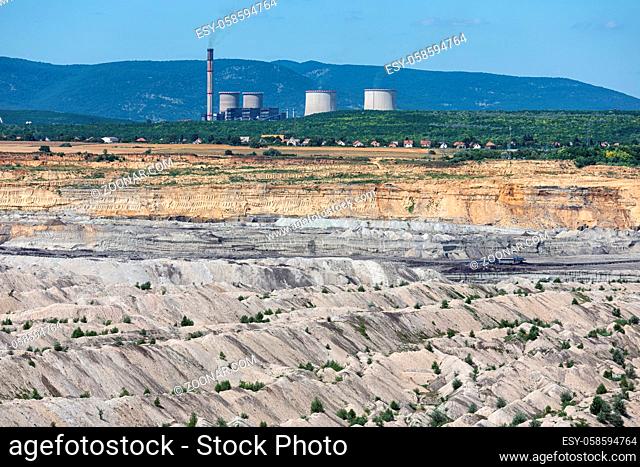 Power plant near brown coal open pit landscape near Matra mine Hungary, east of Budapest