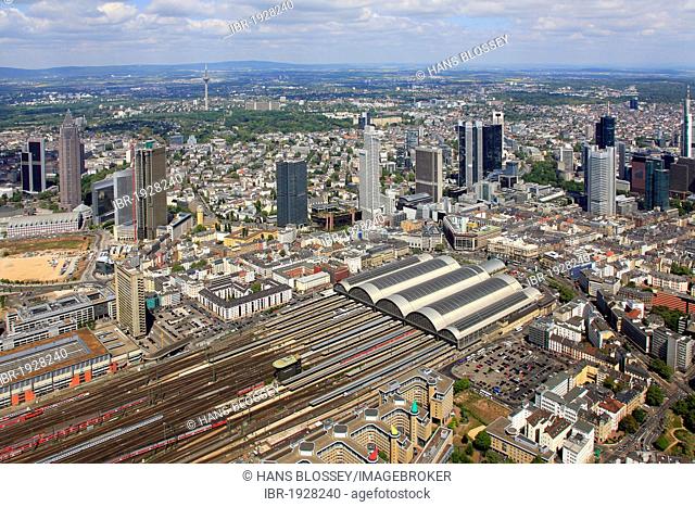 Aerial view, main station, central startion quarter, financial district, Frankfurt am Main, Hesse, Germany, Europe