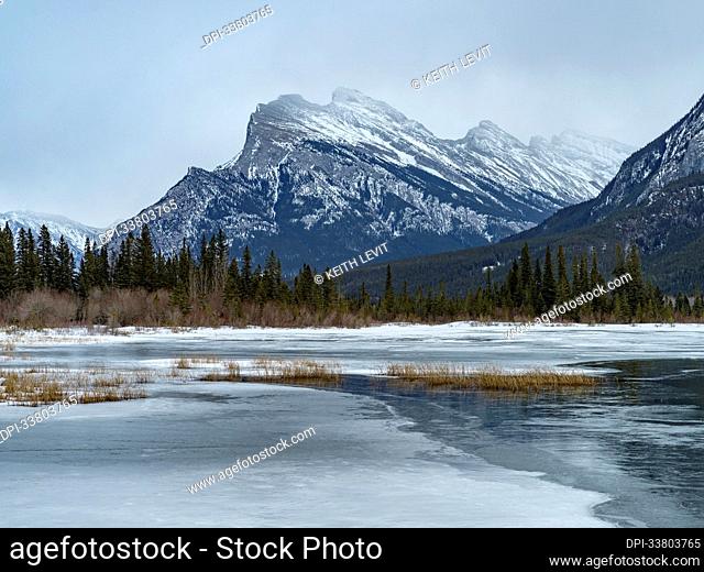 Mount Rundle seen from Vermilion Lakes, in the Canadian Rocky Mountains of Alberta, Canada; Improvement District No. 9, Alberta, Canada