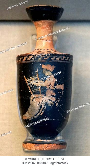 Ancient Greek lekythos showing a woman using a hand-frame. Dated 5th Century BC