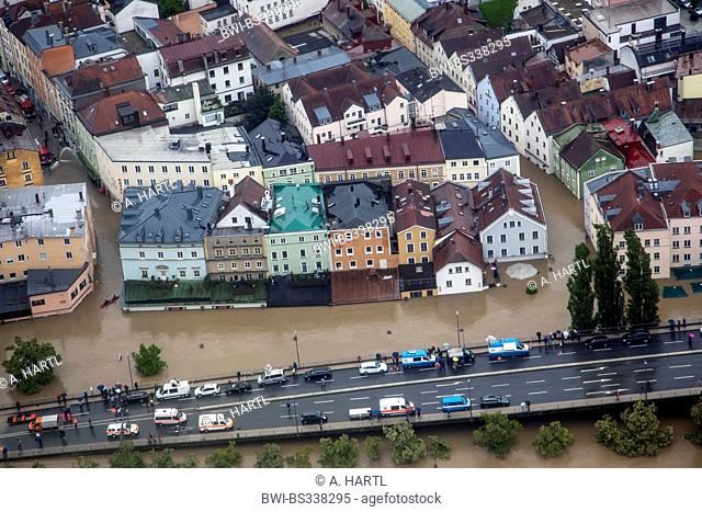 street Obere Donaulaende at river Danube flooded in June 2013, Germany, Bavaria, Passau