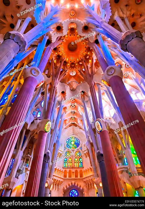 Barcelona, Spain - June 15, 2019 - The interior of the main chapel of the Sagrada Familia which began construction in 1882