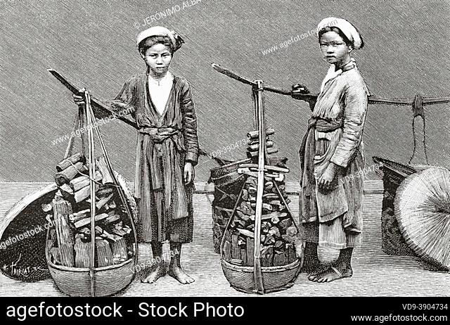 Young women selling charcoal, Vietnam. Asia. Old 19th century engraved illustration A campaign in Tonkin by Charles Edouard Hocquard from Le Tour du Monde 1889
