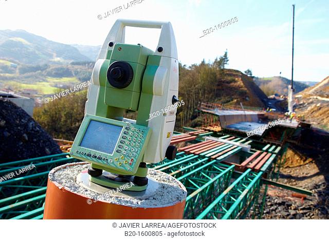 Topography station, Surveying, Construction of viaduct, Works of the new railway platform in the Basque Country, High-speed train  'Basque Y'  Legorreta
