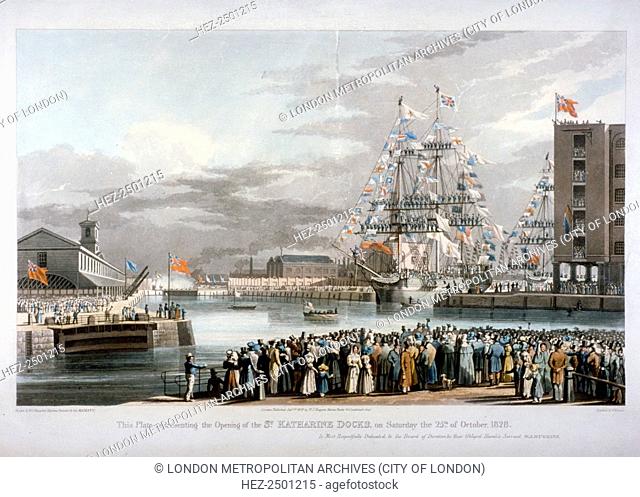 The opening of St Katharine's Dock, London, 1828. The docks were the only major project to be undertaken in London by the famous engineer Thomas Telford