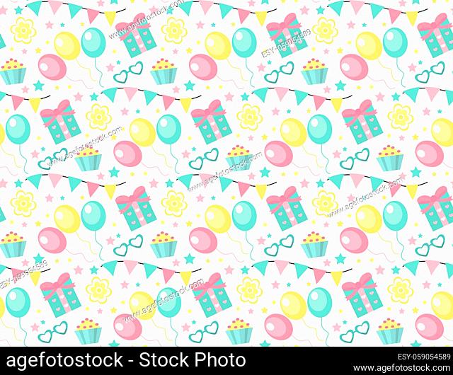 Happy birthday seamless pattern. Party repeating texture with gerland, sweets, gift. Holiday endless background, backdrop. illustration