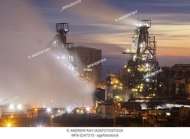 The Tata Steelworks at Port Talbot, in South Wales, captured during twilight from an inland section of the Wales Coast Path on an evening in mid February