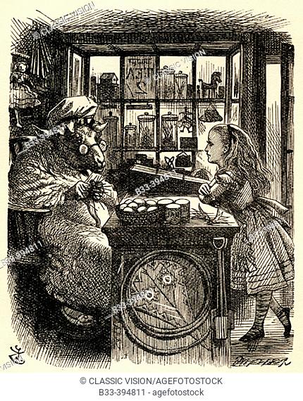 Alice and the Knitting Sheep. Illustration by Sir John Tenniel, 1820-1914. From the book 'Through the Looking-Glass and What Alice Found There' by Lewis Carroll
