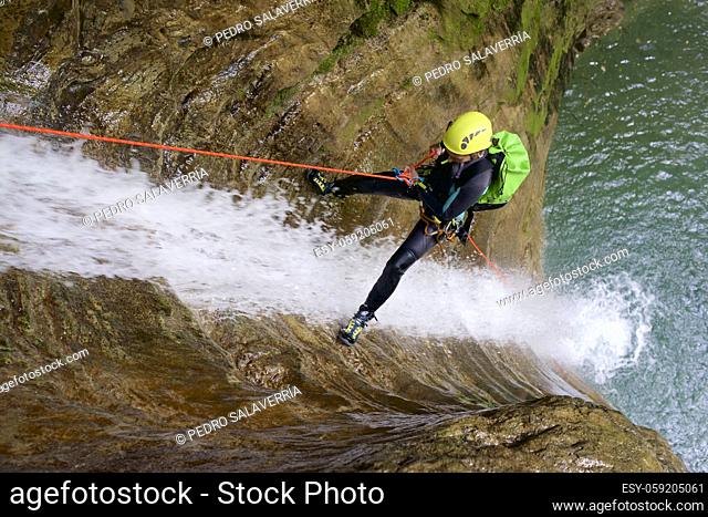 Canyoneering Furco Canyon in Pyrenees, Broto village, Huesca Province in Spain