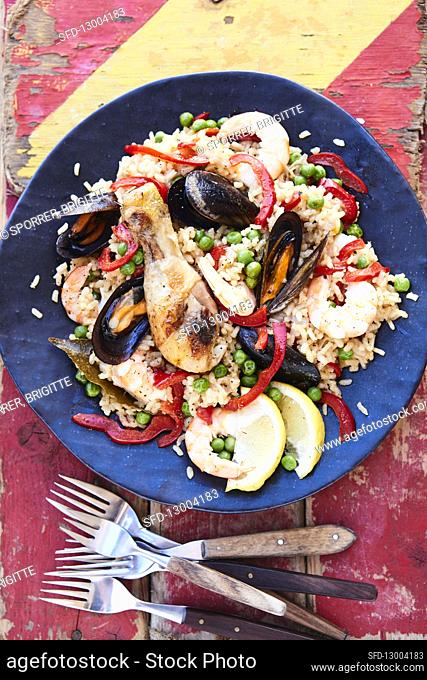 Chicken and seafood paella
