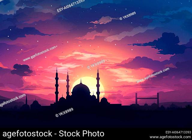 Silhouette of a mosque against a colorful sky for Mawlid festivities