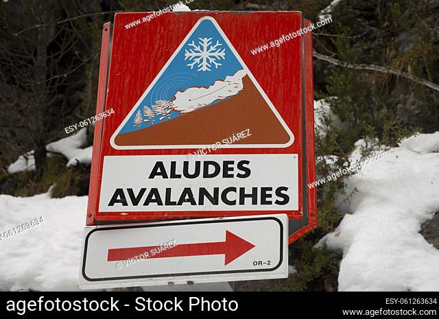 Singpost for avalanches danger. Ordesa Valley. Ordesa and Monte Perdido National Park. Pyrenees. Huesca. Aragon. Spain