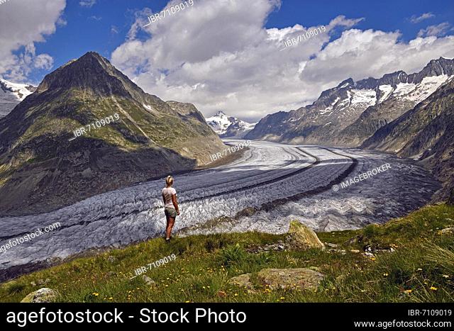Hiking along the Great Aletsch Glacier, Valais, Switzerland, Europe