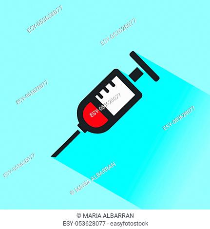Syringe icon with shadow on a blue background. Medicine color icon. Vector illustration