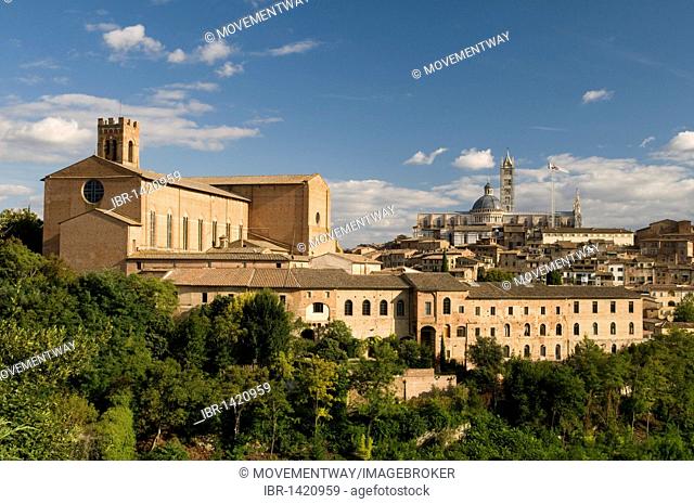View of city with San Domenico brick basilica and Duomo Santa Maria Assunta Cathedral, Siena, Unesco World Heritage Site, Tuscany, Italy, Europe