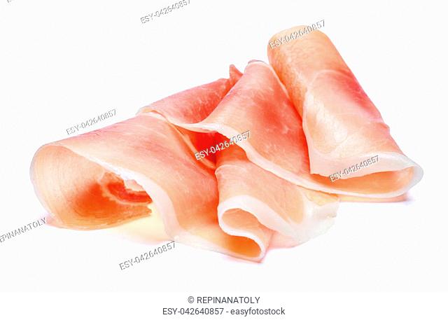 Italian prosciutto crudo or spanish jamon. Raw ham. Isolated on white background