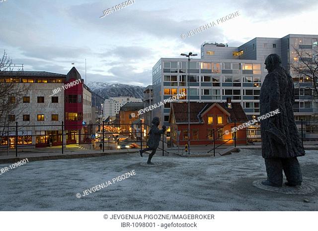 View to Fredrik Langes gate from The Royal Park, Kongeparken, polar night, winter, Tromso, Troms, Norway
