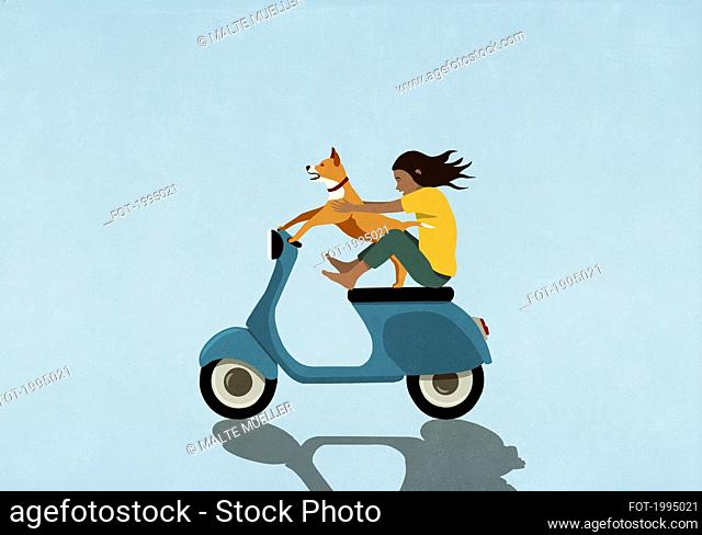 Girl and dog riding motor scooter