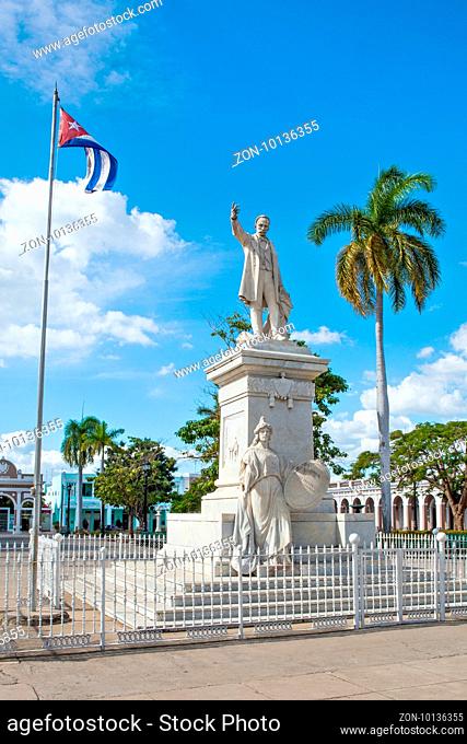 Cienfuegos, Cuba - December 17, 2016: Statue of Jose Marti in the Jose Marti Park, the main square of Cienfuegos (UNESCO World Heritage), Cuba