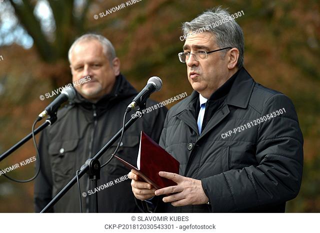 Alexander Zmeyevskiy (right), Russian ambassador to Czech Republic, attends a revealing of memorial plaques with names of Soviet soldiers in a pious place at...