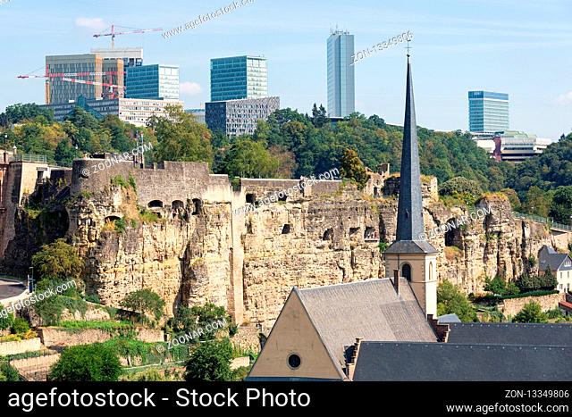 Luxembourg city, the capital of Grand Duchy of Luxembourg, aerial view at old medieval casemates and kirchberg with office buildings European Union