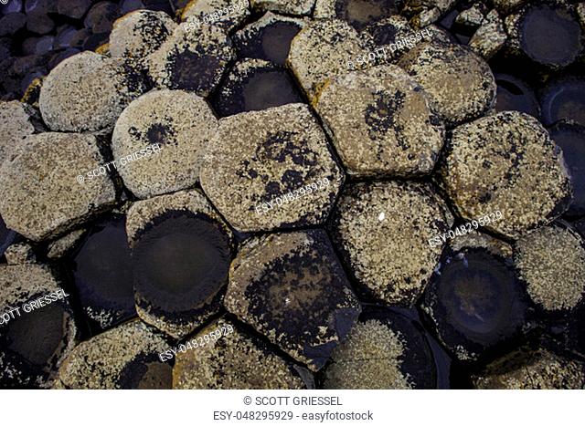 Hexagonal basalt formations at Giants Causeway in Northern Ireland