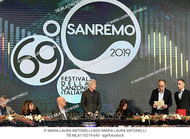 Director of Rai 1 Teresa De Santis, Claudio Bisio, Claudio Baglioni, Virginia Raffaele, Mayor of Sanremo Alberto Biancheri during the final press conference of...