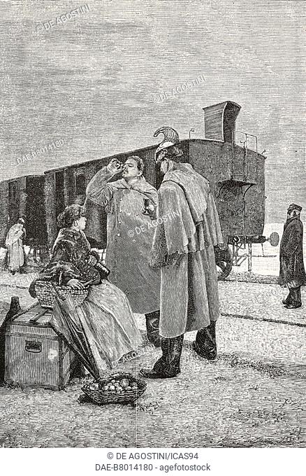 Five Minutes Stop, two men standing at a train stop drinking and eating, engraving from a painting by Alfredo Luxoro (1859-1918), from L'Illustrazione Italiana
