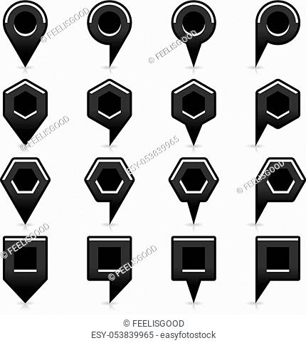 16 map pins sign location icon with gray reflection and shadow in flat satined style. Set 03 simple black smooth shapes on white background