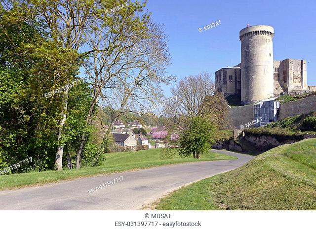 Castle of William the Conqueror of Falaise seen from the road, a commune in the Calvados department in the Basse-Normandie region in northwestern France