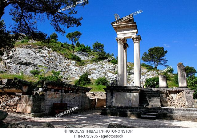 France, Provence Alpes Cote d'Azur, department of Bouches du rhone, Alpilles area, Saint Remy de Provence, Glanum archeological site, Gemines temples