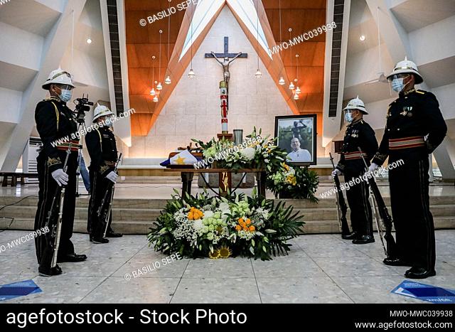Military honor guards stand at the altar during the wake of former President Benigno Aquino III at the Ateneo Church of Gesu in Quezon City, Metro Manila