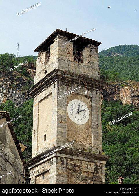 Steeple of baroque parish church of Gesu risorto o SS Salvatore (meaning Church of Resurrected Jesus or Most Holy Saviour) in Quincinetto, Italy