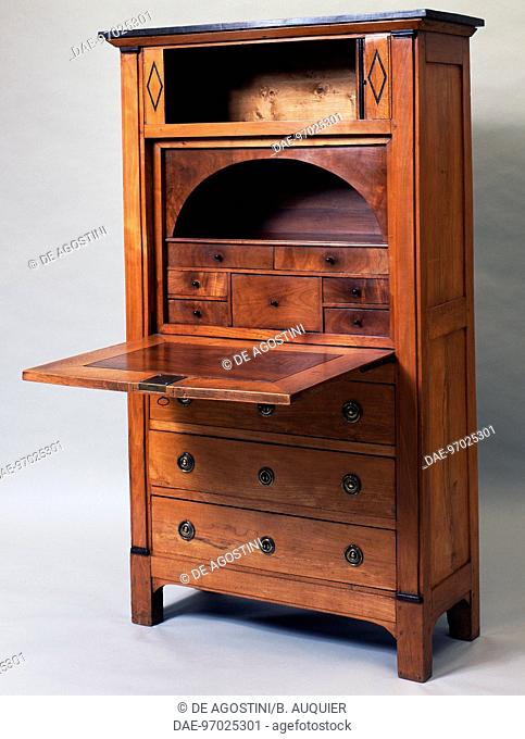 Directoire style wild cherry wood drop front secretary with a niche at the top, drop front open. France, late 18th-early 19th century