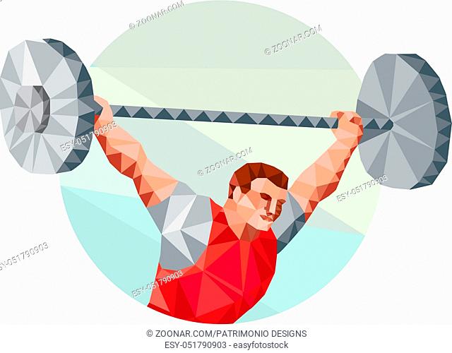 Low Polygon style illustration of a weightlifter lifting barbell facing side set inside circle shape on isolated background