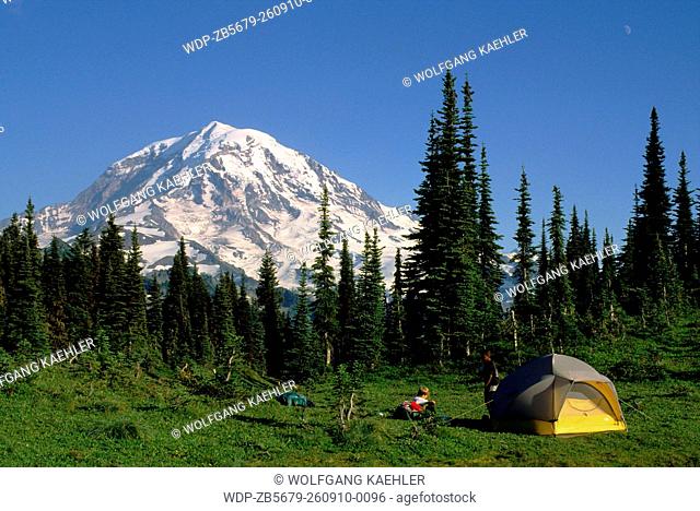 A tent with Mount Rainier in background at Eunice Lake Basin in Mt. Rainier National park, Washington State in the United States