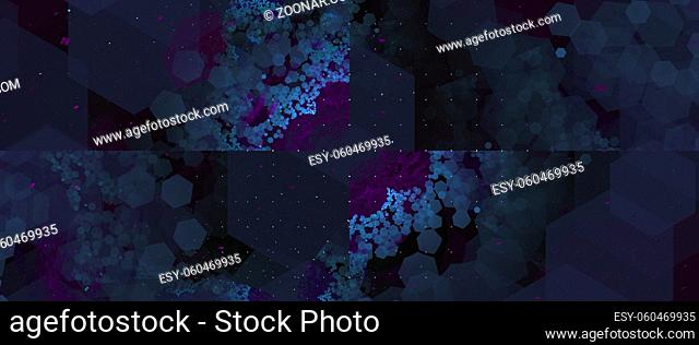 Horizontal image view fractal abstract background. Blue and violet colors on black space