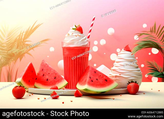 Summer food and drinks mockup with a watermelon slice, ice cream, and cold drinks