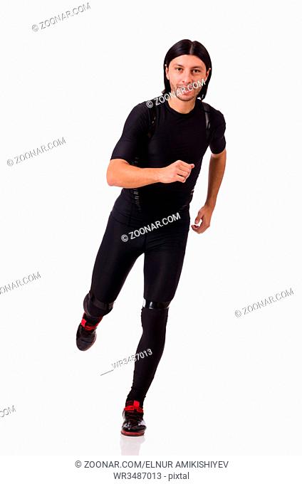 Young man doing exercises isolated on white