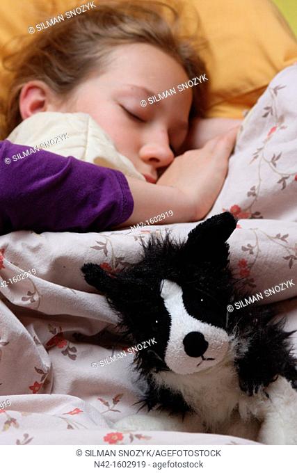 Stuffed dog watches over sleeping girl