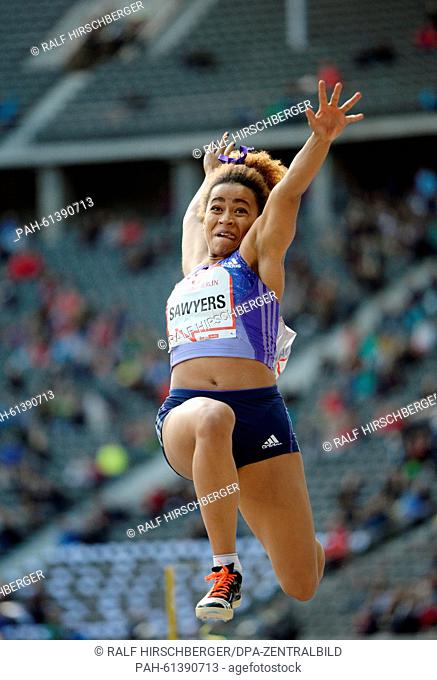 England's Jazmin Sawyers in action during the long jump event during the ISTAF athletics World Challenge in Berlin, Germany, 06 September 2015