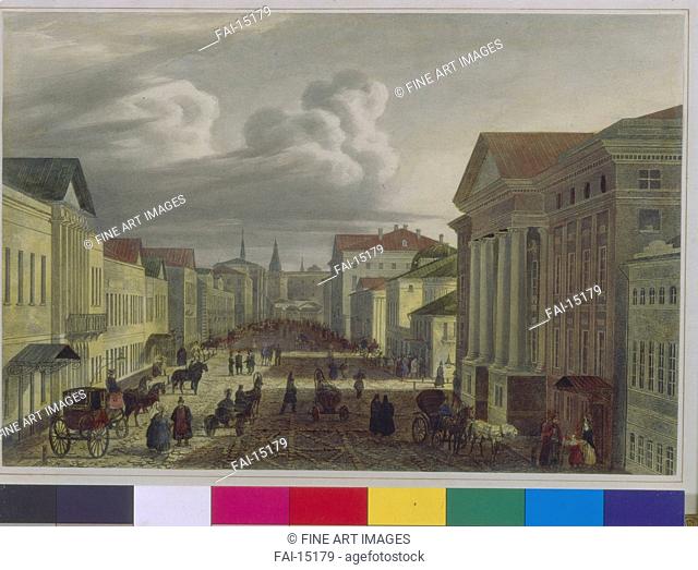 Tverskaya Street in Moscow. Cadolle, Auguste Jean Baptiste Antoine (1782-1849). Lithograph, watercolour. Classicism. 1825. State Museum of A. S