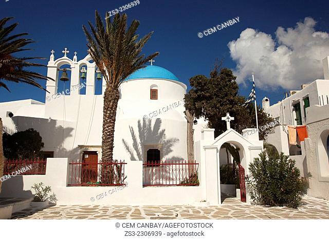Blue domed church in town center Chora, Sikinos, Cyclades Islands, Greek Islands, Greece, Europe