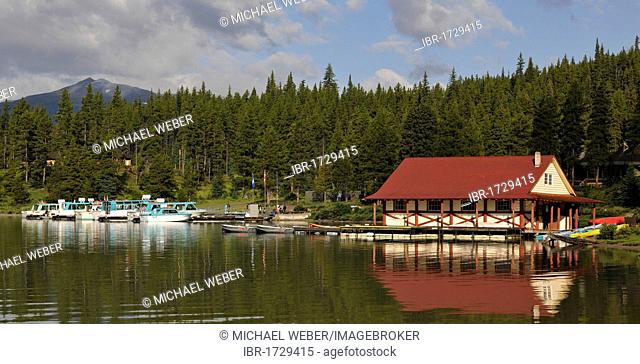 Historic boathouse on the shore of Maligne Lake, Maligne Valley, Jasper National Park, Alberta, Canada